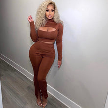 Load image into Gallery viewer, Fashion Long Sleeve Stand Collar T-Shirt Slit Pants Set