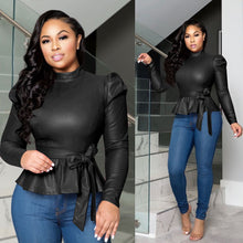 Load image into Gallery viewer, Solid color half high collar long sleeve PU top(AY1561)