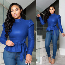 Load image into Gallery viewer, Solid color half high collar long sleeve PU top(AY1561)