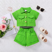 Load image into Gallery viewer, Girls' denim short sleeved shorts set AY3098
