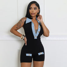 Load image into Gallery viewer, Denim contrast color slim summer women's jumpsuit shorts
