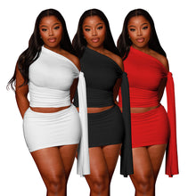 Load image into Gallery viewer, Casual fashion women's off-shoulder strap solid color short skirt suit
