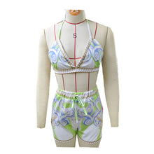 Load image into Gallery viewer, Casual Printed Beach Swimsuit Wrap-around Shirt Shorts Three-piece Set
