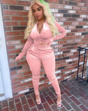 Load image into Gallery viewer, Gold velvet v-neck zipper long sleeve sports suit（AY1261）
